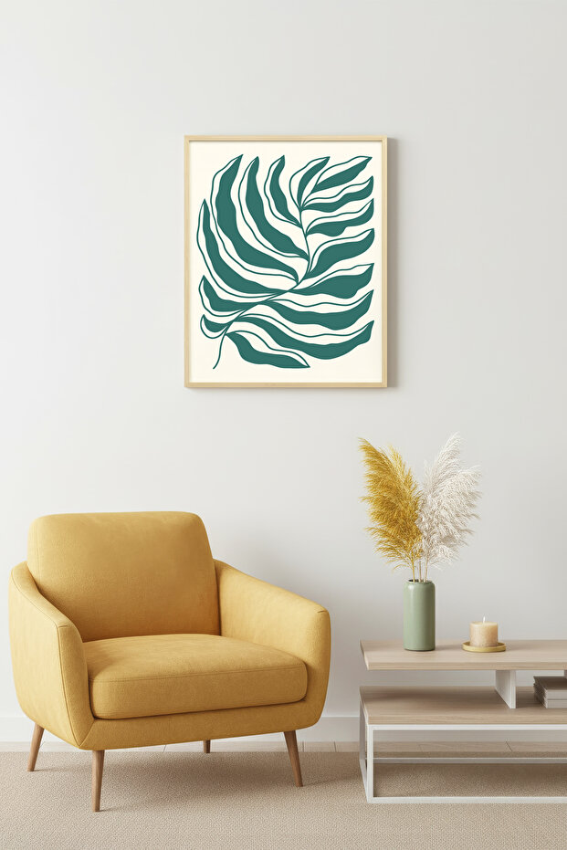 Natural Wood Framed Retro Tropical Leaf Painting - Green Botanical Pattern | Huhu2404