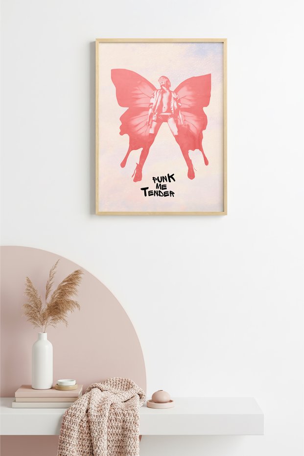 Natural Wood Framed Retro Butterfly Wing Painting - Pink Punk Theme | Huhu2439 - Single Table Natural Wood Frame