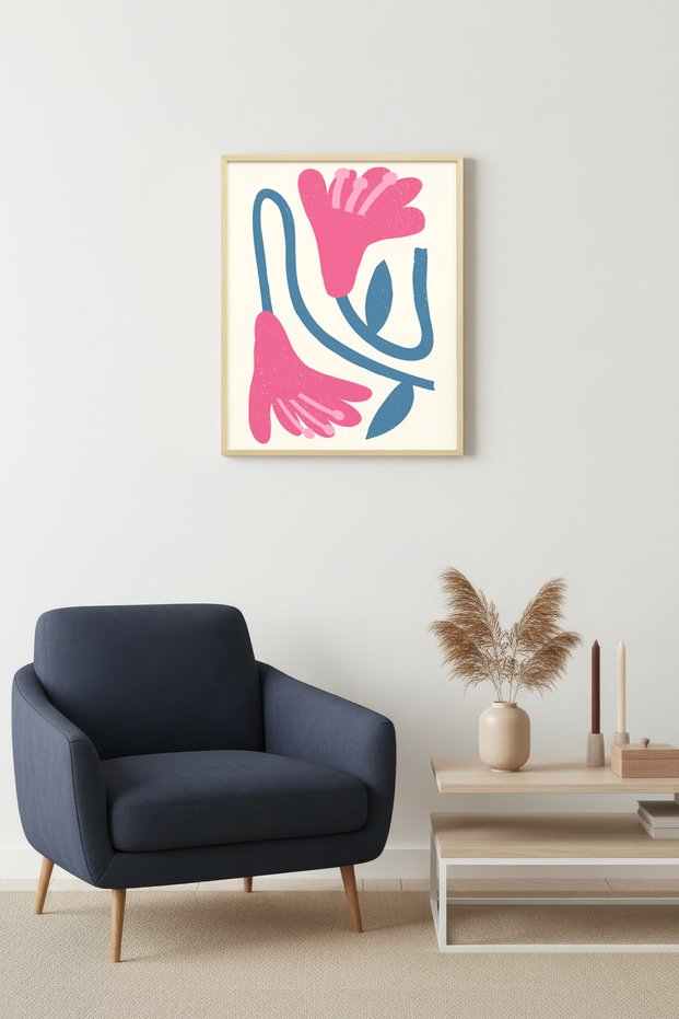 Natural Wood Framed Retro Floral Art Print - Pink and Blue Floral Pattern | Huhu2523 - Single Table Natural Wood Frame