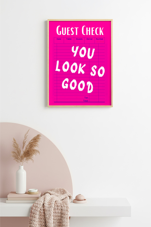 Natural Wood Framed Retro Pop Art Painting - You Look so Good Text | Huhu2537 - Single Table Natural Wood Frame