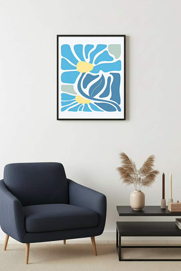 Black Wood Framed Retro Abstract Botanical Painting - Blue Tones | Huhu2717 - Single Table Black Frame