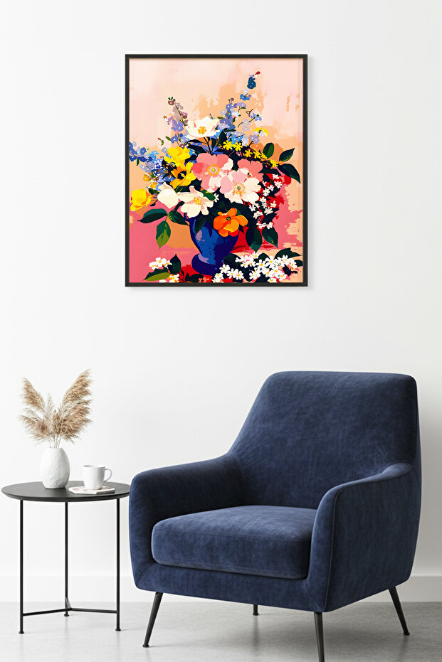 Natural Wood Framed Floral Pattern Painting - Vibrant Spring Tones | Huhu1764