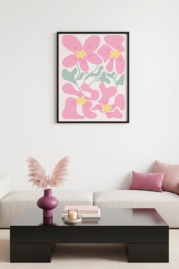 Natural Wood Framed Retro Painting - Pink Floral Pattern |   Huhu2749