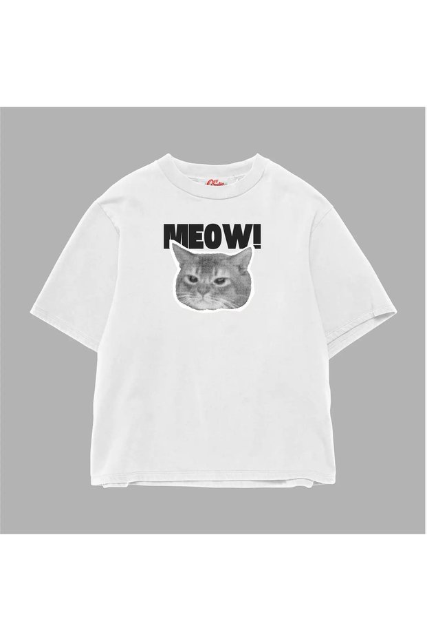 Meow Printed T-Shirt Oversize Cut Cotton Fabric