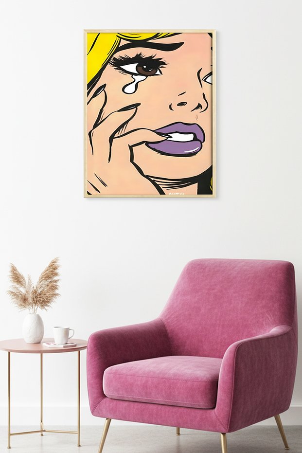 Emotional Portrait Painting with Natural Wood Frame - Artistic Illustration |   Huhu1824 - Single Table Natural Wood Frame