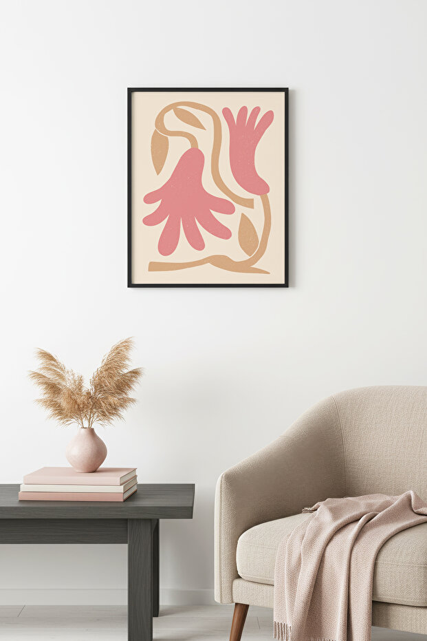 Black Wood Framed Retro Floral Painting - Boho Floral Pattern in Pastel Tones | Huhu2273 - Single Table Black Frame