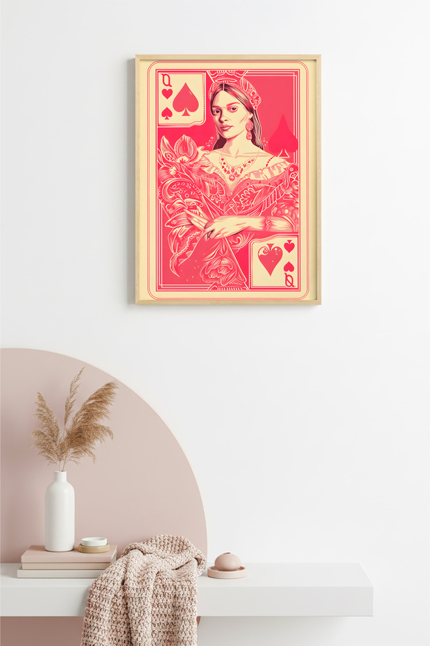 Natural Wood Framed Retro Portrait Painting - Vintage Pink Girl Portrait | Huhu2476 - Single Table Natural Wood Frame