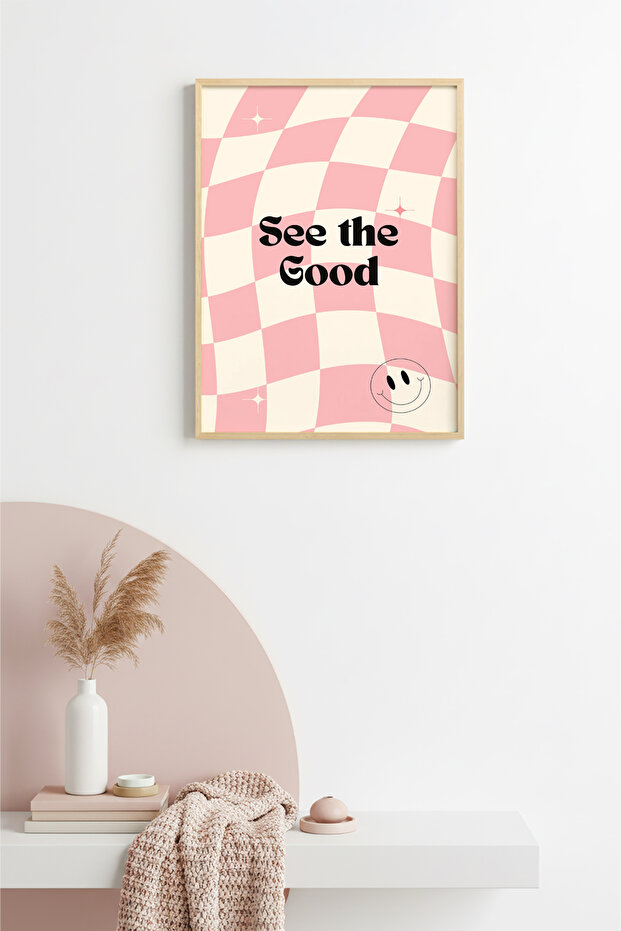 Natural Wood Framed Retro Typography Painting - Pink Checkered with Positive Message | Huhu2063 - Single Table Natural Wood Frame