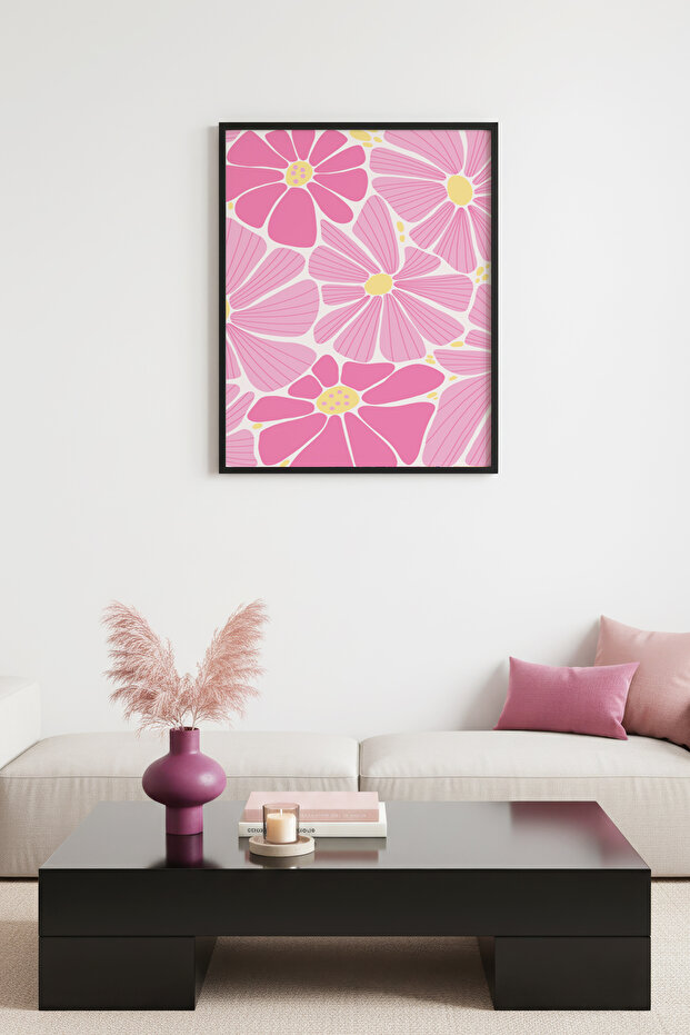 Retro Pink Floral Painting with Black Wooden Frame - Boho Floral Pattern | Huhu2757 - Single Table Black Frame