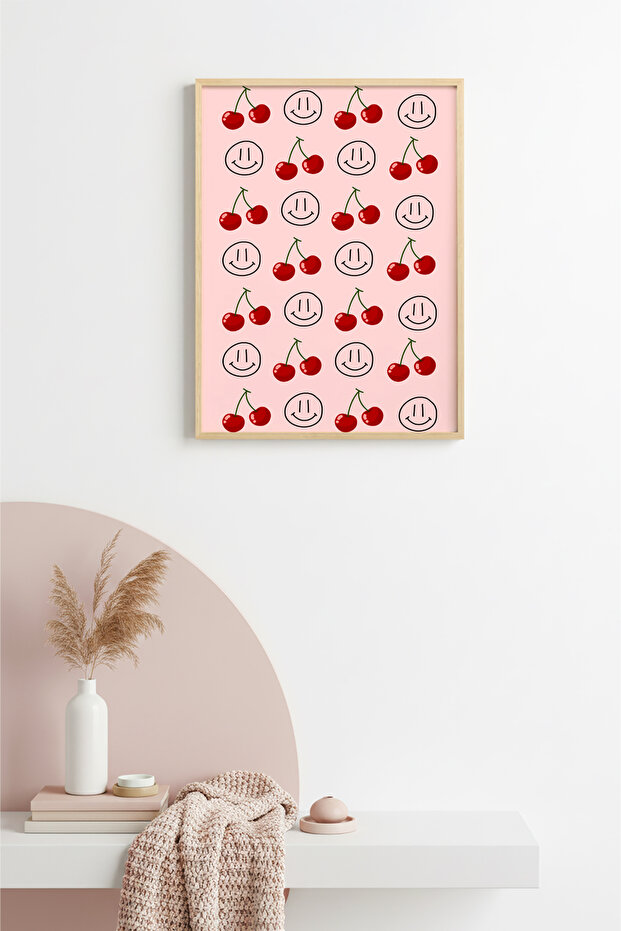 Natural Wooden Framed Retro Painting - Cheerful Painting with Strawberry Pattern | Huhu2262 - Single Table Natural Wood Frame
