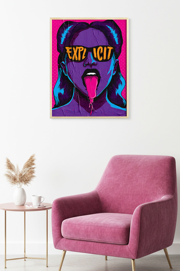 Natural Wood Framed Pop Art Patterned Painting - Pink Purple | Huhu1831 - Single Table Natural Wood Frame