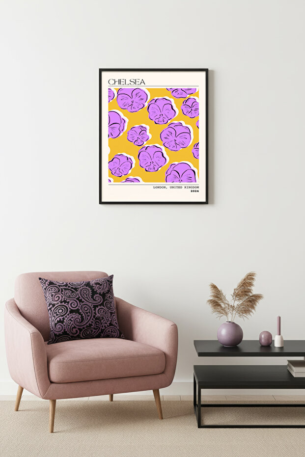 Black Wooden Framed Retro Floral Painting - Lilac Flower Pattern | Huhu2323 - Single Table Black Frame