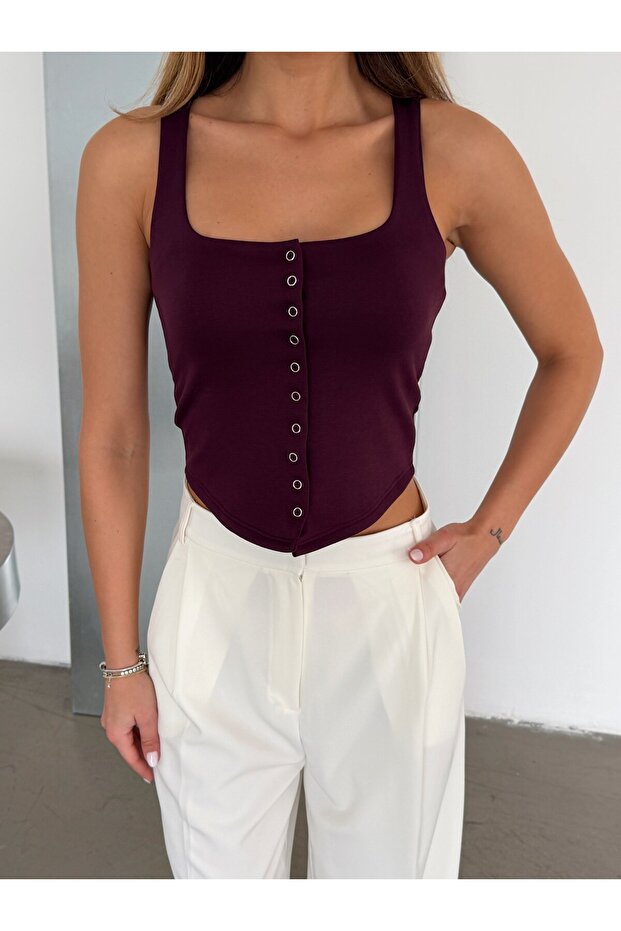 Square Neck Snap Button Blouse - Plum - 5