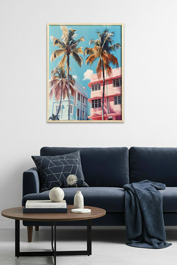 Natural Wood Framed Tropical Patterned Painting - Summer Landscape | Huhu1898 - Single Table Natural Wood Frame