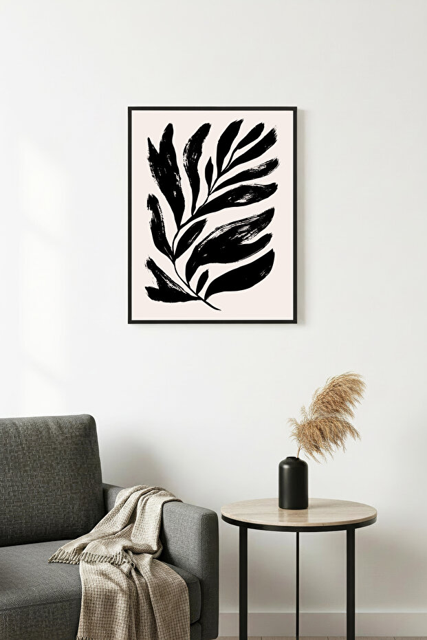 Natural Wood Framed Retro Tropical Leaf Painting - Black Botanical Pattern | Huhu2220