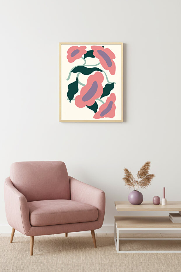 Natural Wood Framed Retro Floral Painting - Pink Green Floral Pattern | Huhu2688 - Single Table Natural Wood Frame