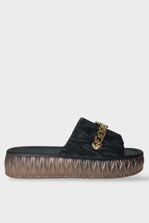 Stylish Platform Thick Sole Gold Chain Detailed Women's Slippers Black