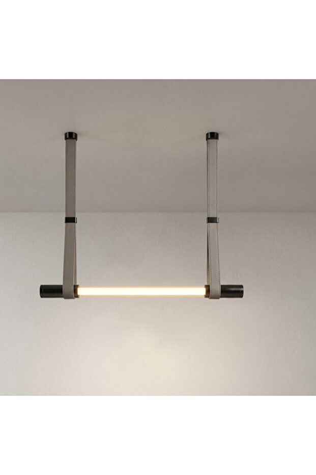 Nolima Modern Nolima Linear LED Pendant Light with Adjustable Leather Straps - Minimalist Tube Chandelier for Kitchen Island, Dining Room, and Office