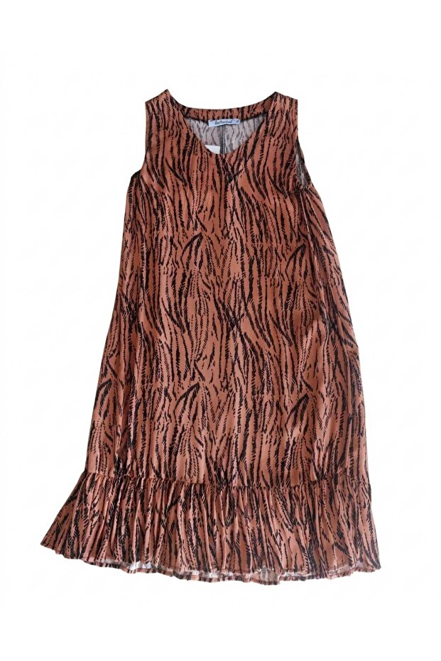 Patterned Sleeveless Strappy Flounced Summer Viscose Dress with Ruffles (1 No=Xs-S Size)
