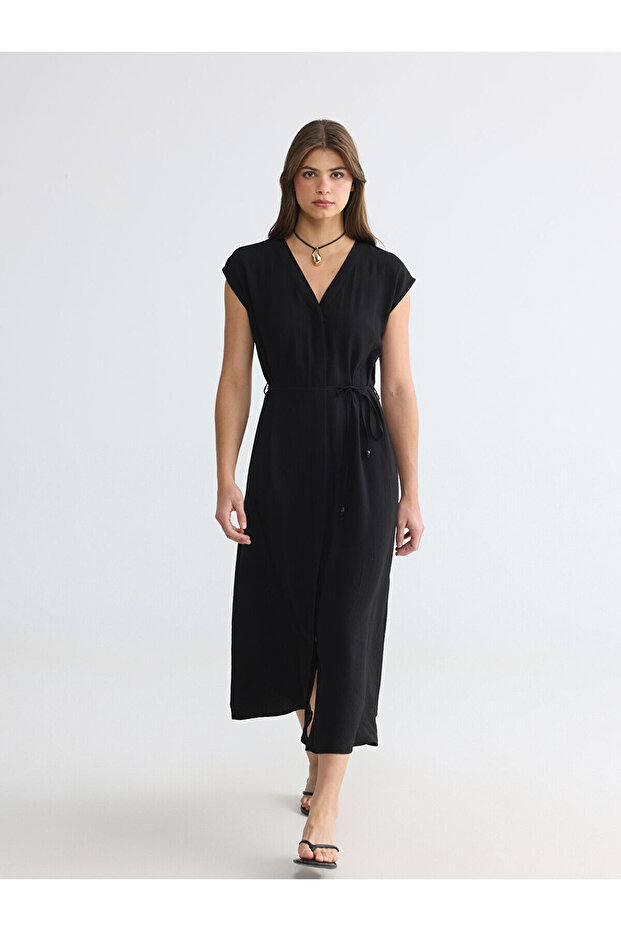 Gencc Quality V-Neck Belted Textured Dress