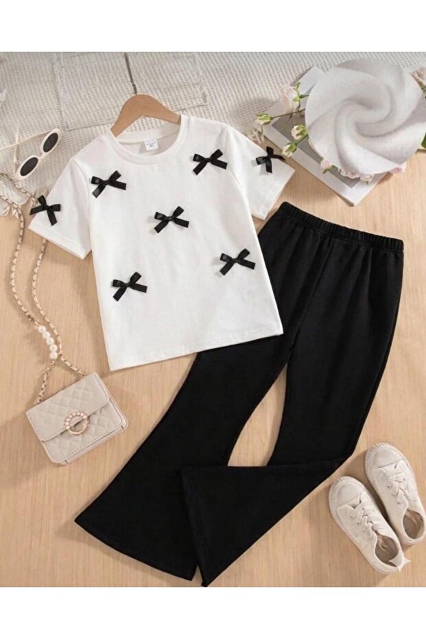 Girls' Black Bow Tie T-Shirt Spanish Pantalon Set