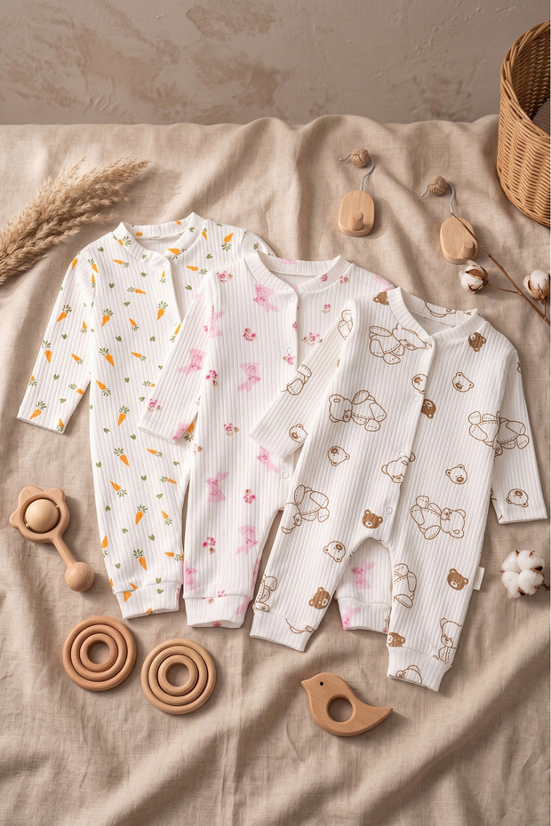 Cute Rabbit, Bear and Carrot Patterned 3-Piece Ribbed Baby Romper Set - Soft Cotton