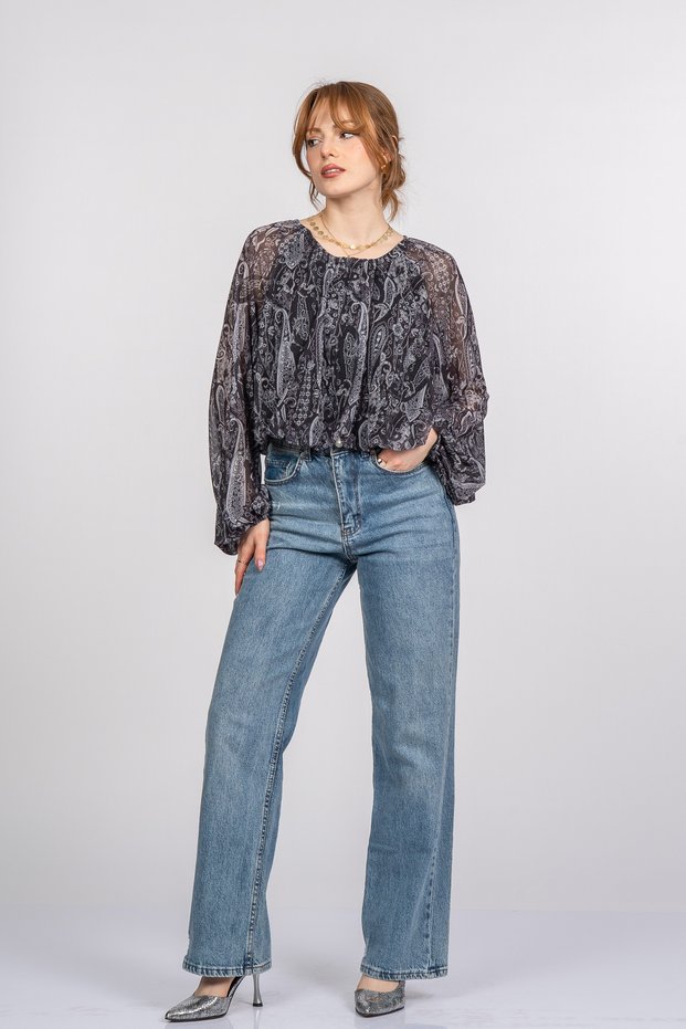 Women's Summer Black Elastic Waist Round Neck Chiffon Blouse Stylish Casual 70060