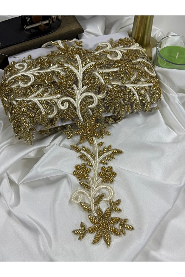 Gold Bead Embroidered Lace with Embroidery Details (1 Meter)