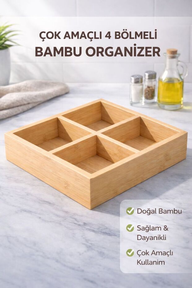 4 Compartment Bamboo Organizer Multi-Purpose Organizer Kitchen Bathroom Table Organizer