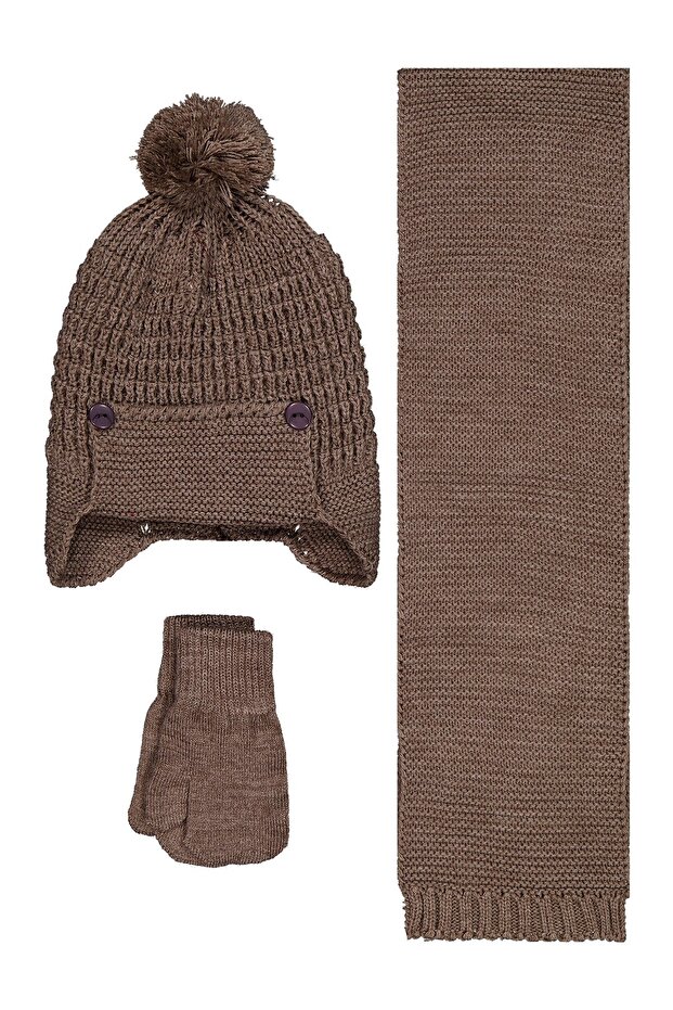 6-18 Months Scarf, Beanie and Glove Set - Brown