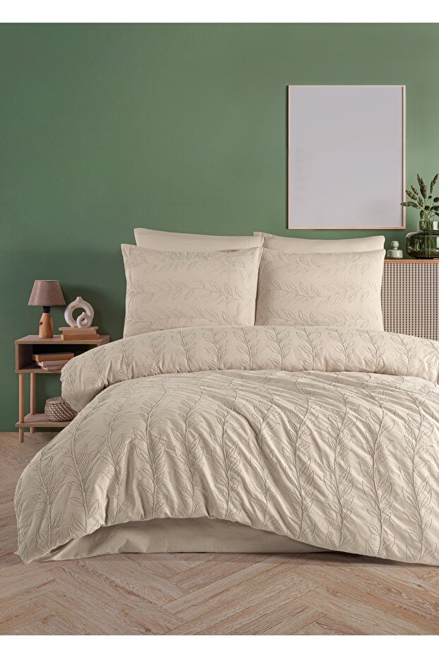 Newhome Aura Lux Brode Embroidered Special Processed 100% Cotton Duvet Cover Set Cappuccino