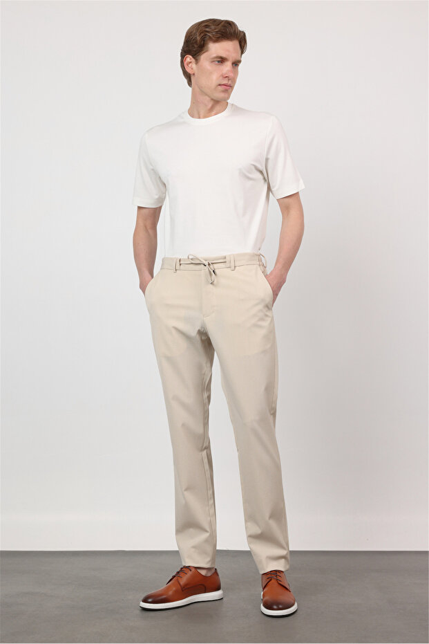 Men's Cream Side Pocket Textured Jogger Slim Fit Stretchy Trousers 1003260177