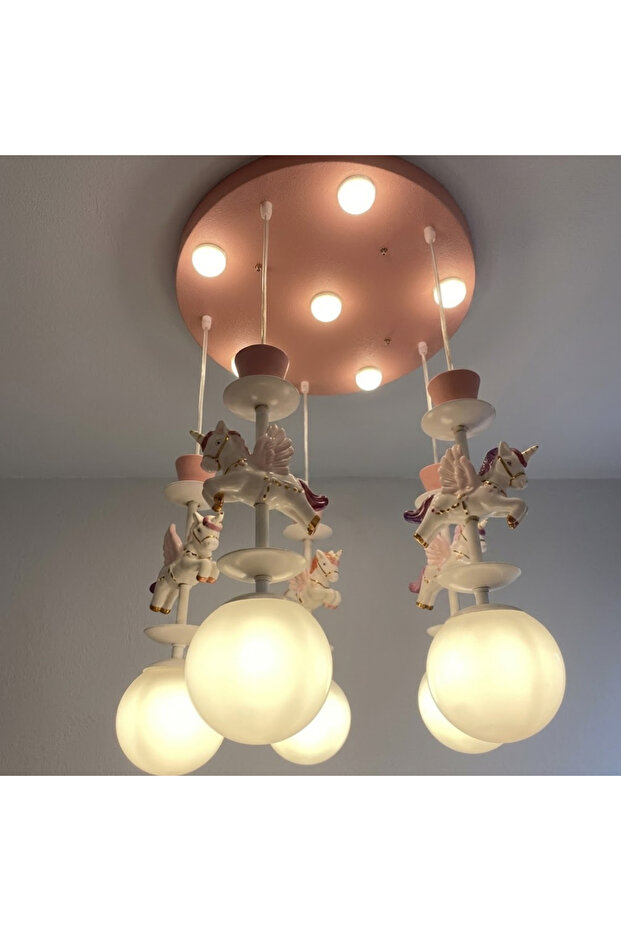 Sena Modern Unicorn Carousel Pendant Chandelier – Pink & White Nursery Ceiling Lamp with Rotating Fairy Tale Design for Kids' Bedroom and Playroom