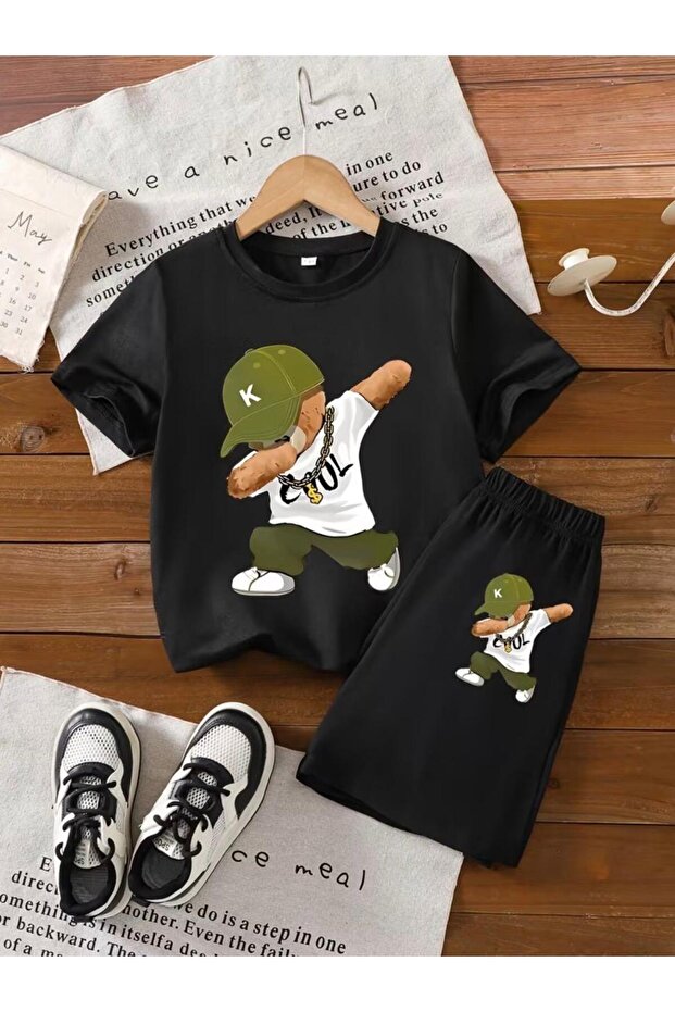 Boys' Green Cap T-Shirt Cool Printed T-Shirt Shorts Set