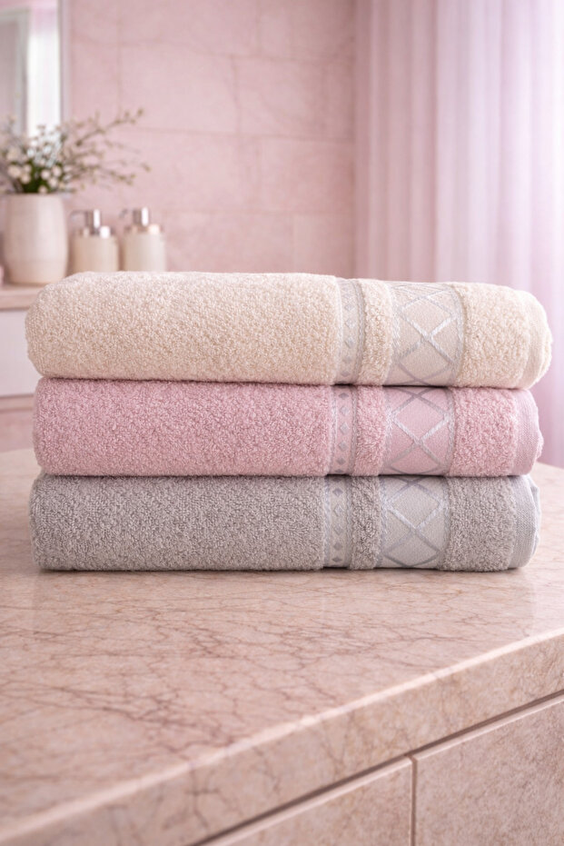 Durul Meltem Cotton 3-Piece Bath Body Towel Set, Daily & Dowry Bath Towel Set (90X150Cm)