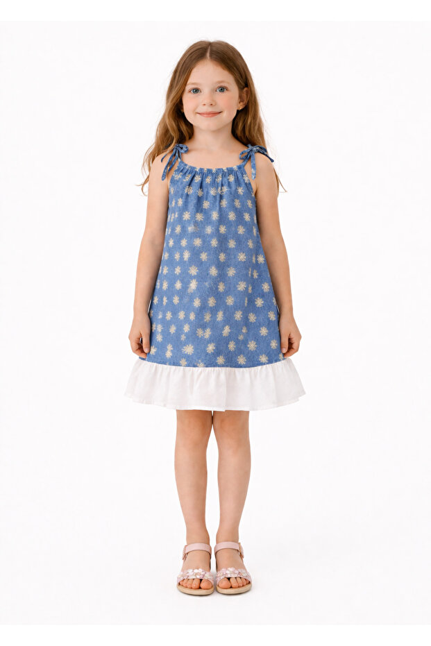 Girl's 100% Cotton Denim Fabric Floral Patterned Strappy Summer Dress