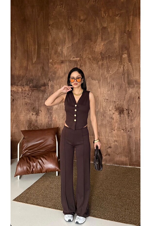 Gold Button Detailed Modal Fabric Vest Set
