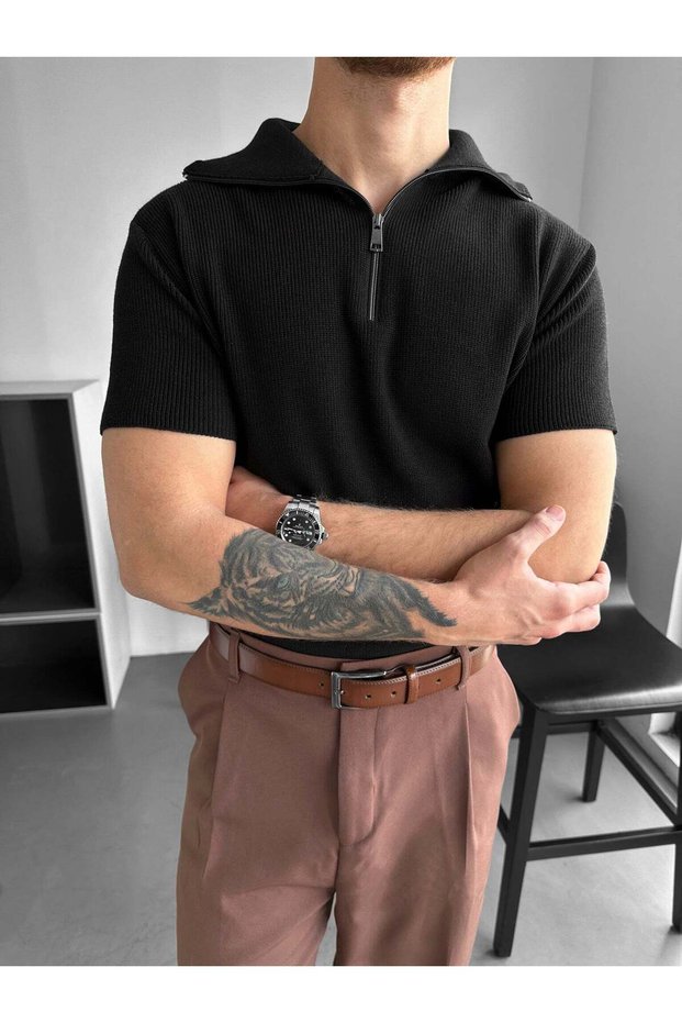 Old Money Men's Half Zip Polo Collar T-Shirt Slim Fit Knitted Textured Premium Quality
