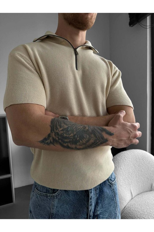 Old Money Men's Half Zip Polo Collar T-Shirt Slim Fit Knitted Textured Premium Quality
