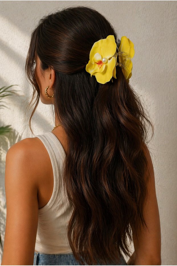 Yellow Orchid Flower Pearl Detailed Hairpin – Stylish Hair Clip with Orchid Figure, Daily Hair Accessory