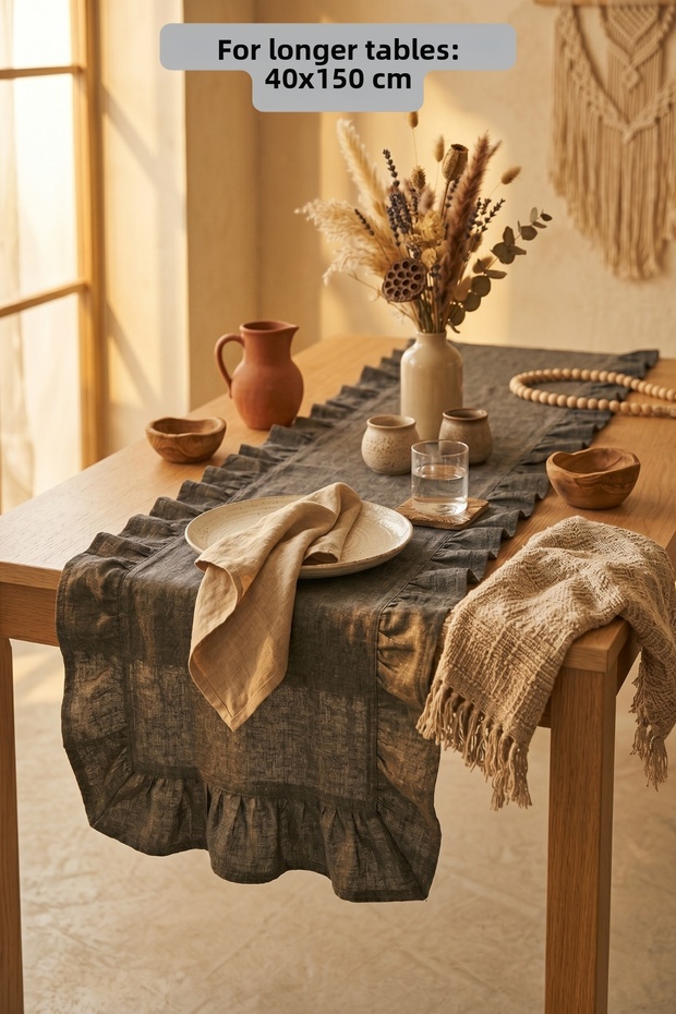 Anthracite Ruffled Runner Tablecloth 40X150Cm - 1