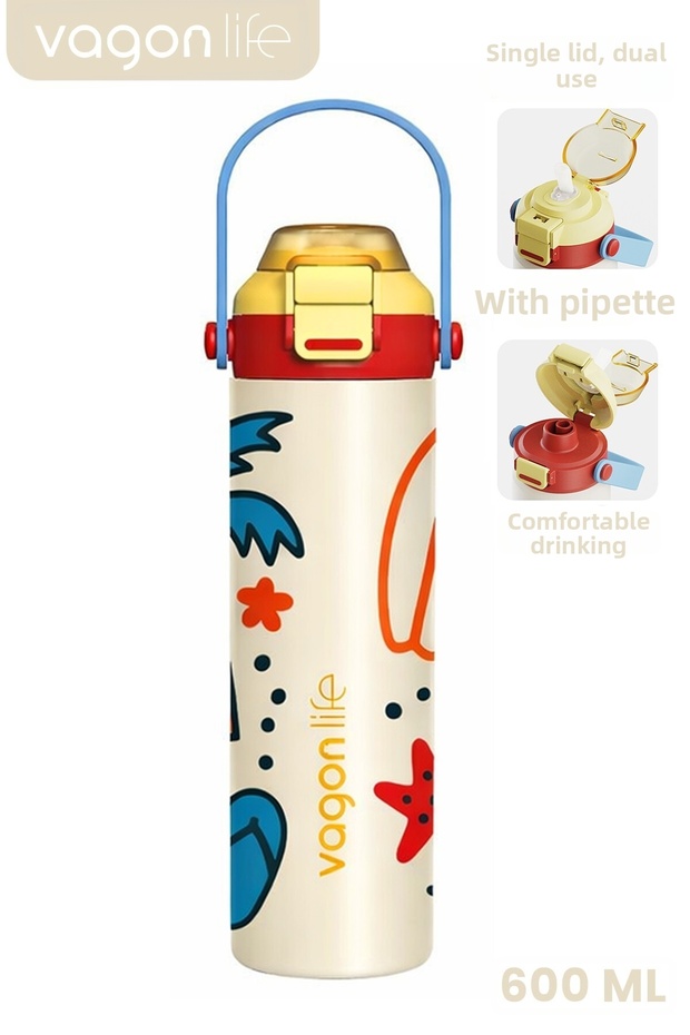 600 ml Single Lid Dual Use Stainless Steel Thermos with Straw and Comfortable Drinking Handle Ff1111-600Ml
