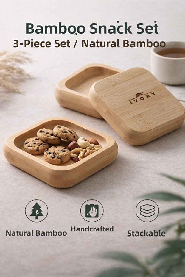 3-Piece Bamboo Snack Bowl Set with Lid, Breakfast Sauce Bowl, Serving Container, Organizer, Natural Wood