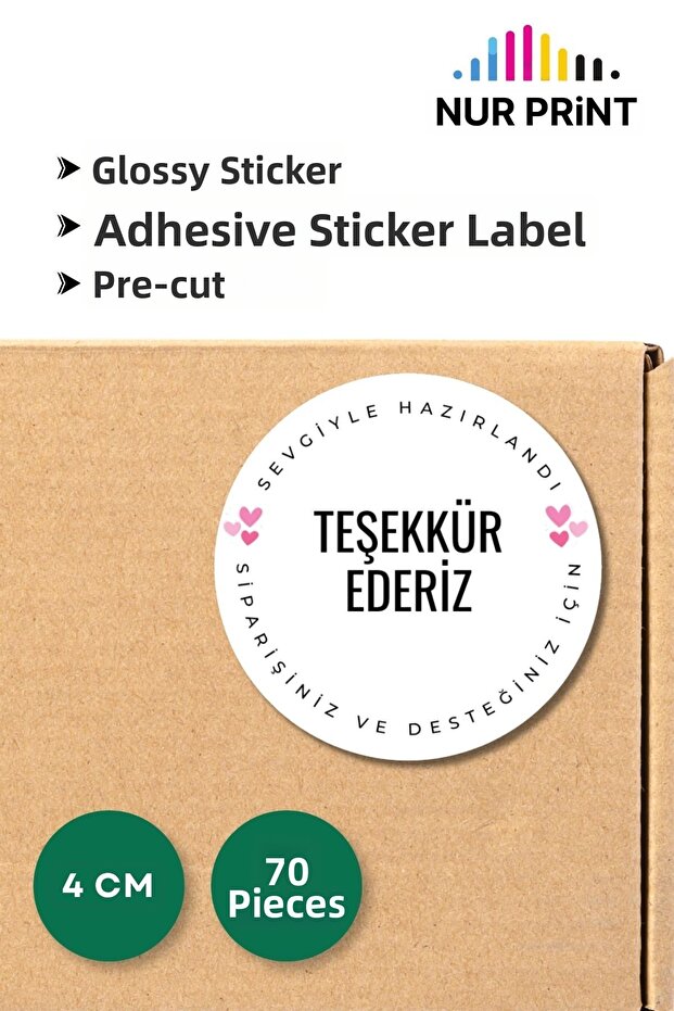 Adhesive Sticker, Round Label Diameter 4 Cm, Glossy Finish "Thank You for Your Order and Support", 70 Pcs