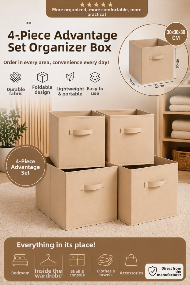Folding Storage Box Set of 4 Organizer, In-Closet Laundry, Children's Room Toy Organizer
