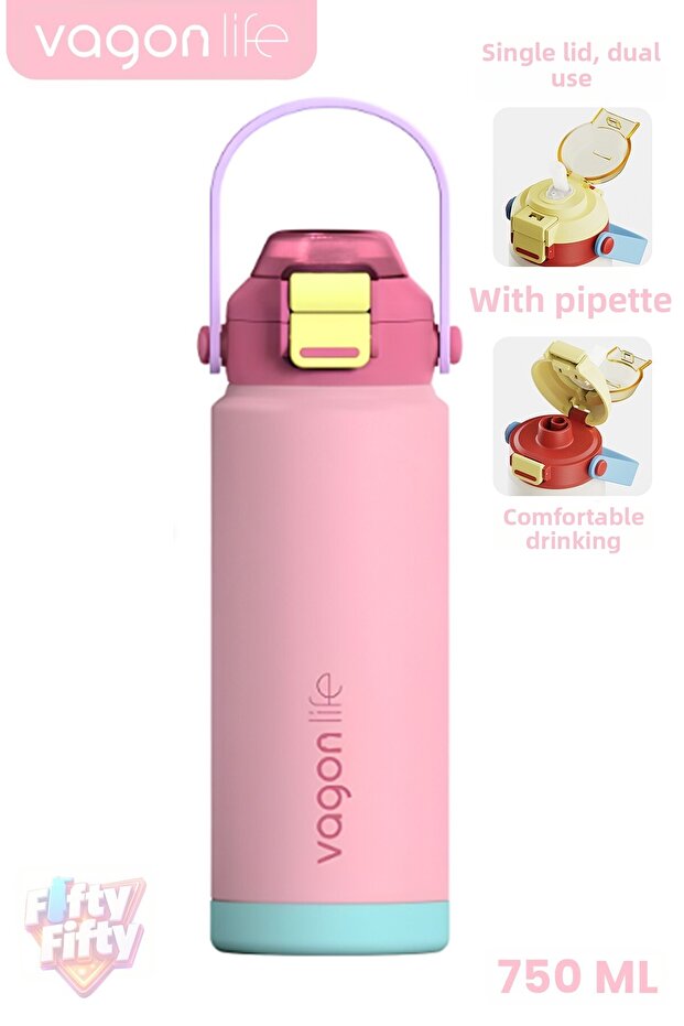 750 ml Single Lid Dual Use Stainless Steel Thermos with Straw and Comfortable Drinking Handle Ff1108-750Ml