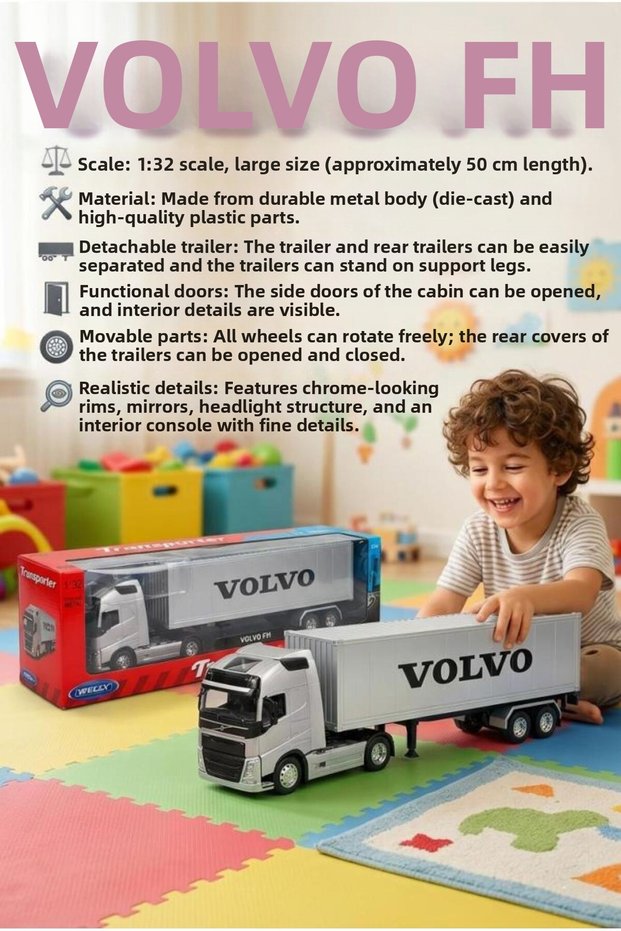 Welly 1:32 Scale Licensed Original Volvo Fh Dorseli Collectible Model Toy Truck