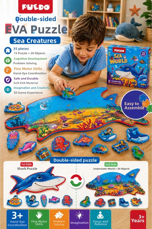 Puedo Sea Creatures Eva Double-Sided Puzzle 35 Pieces 3D Educational Toy for Ages 3+