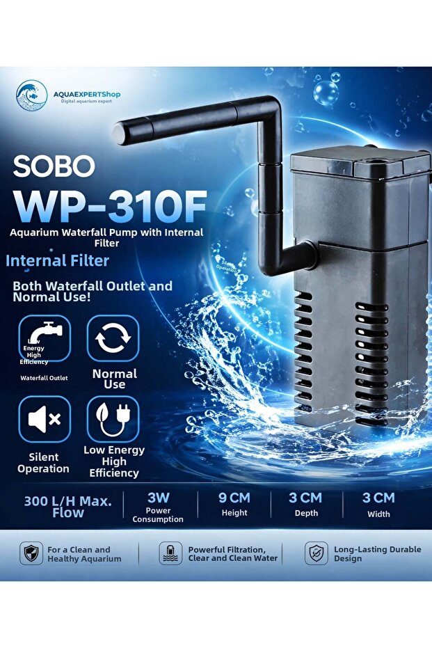 فلتر داخلي لحوض السمك مع جهاز شلال - استخدام مزدوج - 3 واط - 300 لتر/ساعة - WP-310F