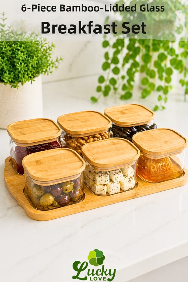 6-Piece Bamboo Luxury Covered Bamboo Tray Glass Breakfast Set 13 Pieces